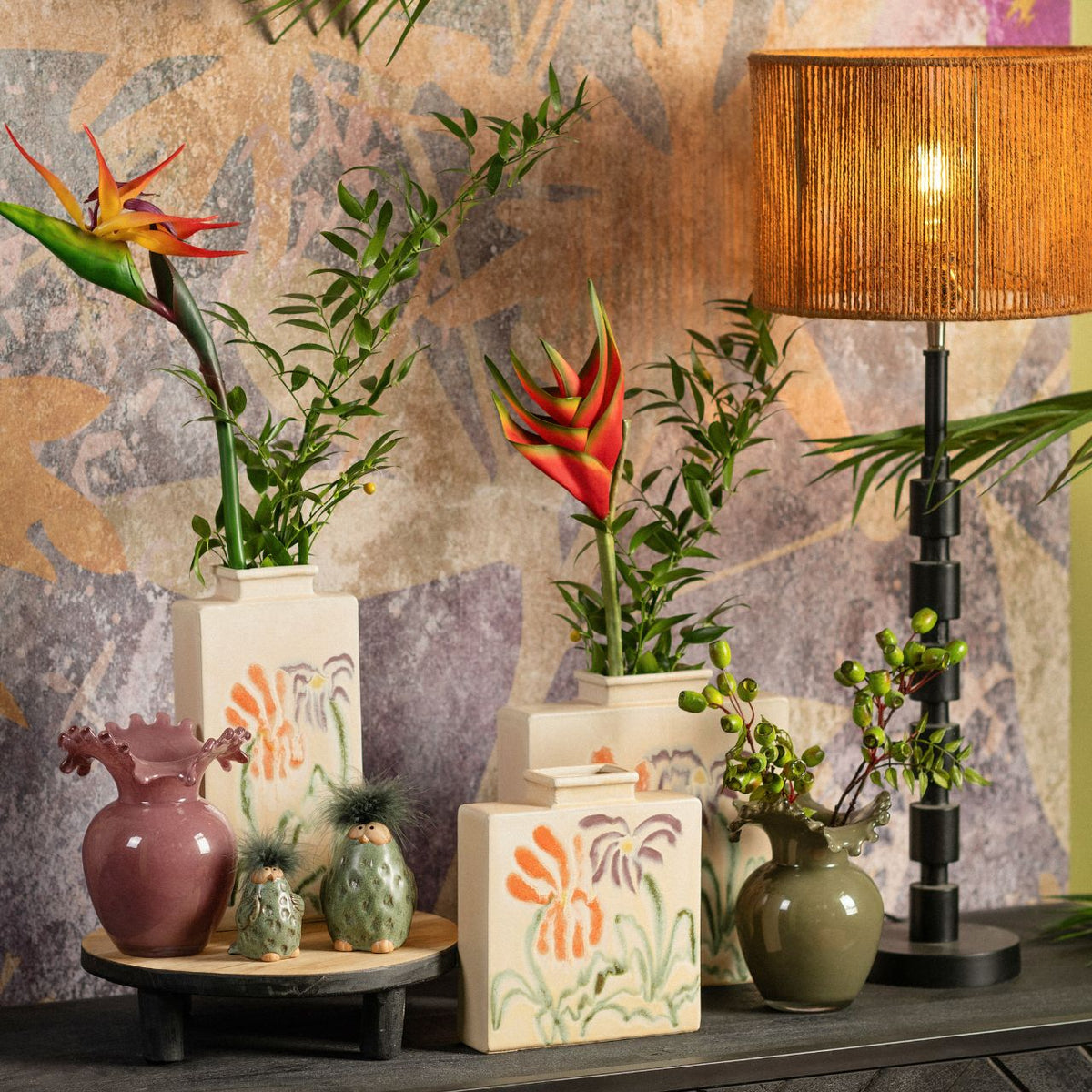 Vaza din ceramica bej model floral 18x21 cm