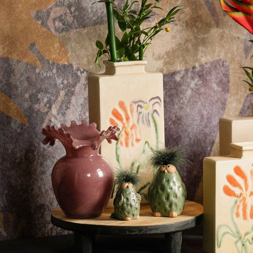 Vaza din ceramica bej model floral 14x28 cm