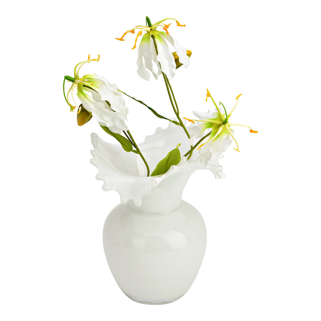 Vaza alba din sticla cu margini ondulate 20x24 cm