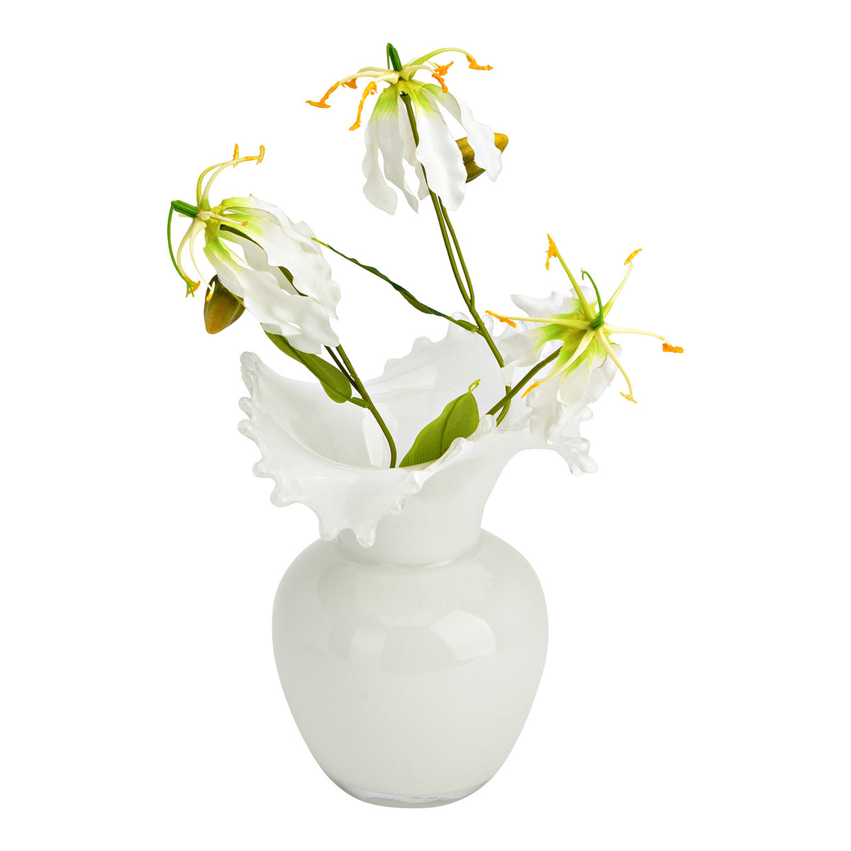 Vaza alba din sticla cu margini ondulate 20x24 cm