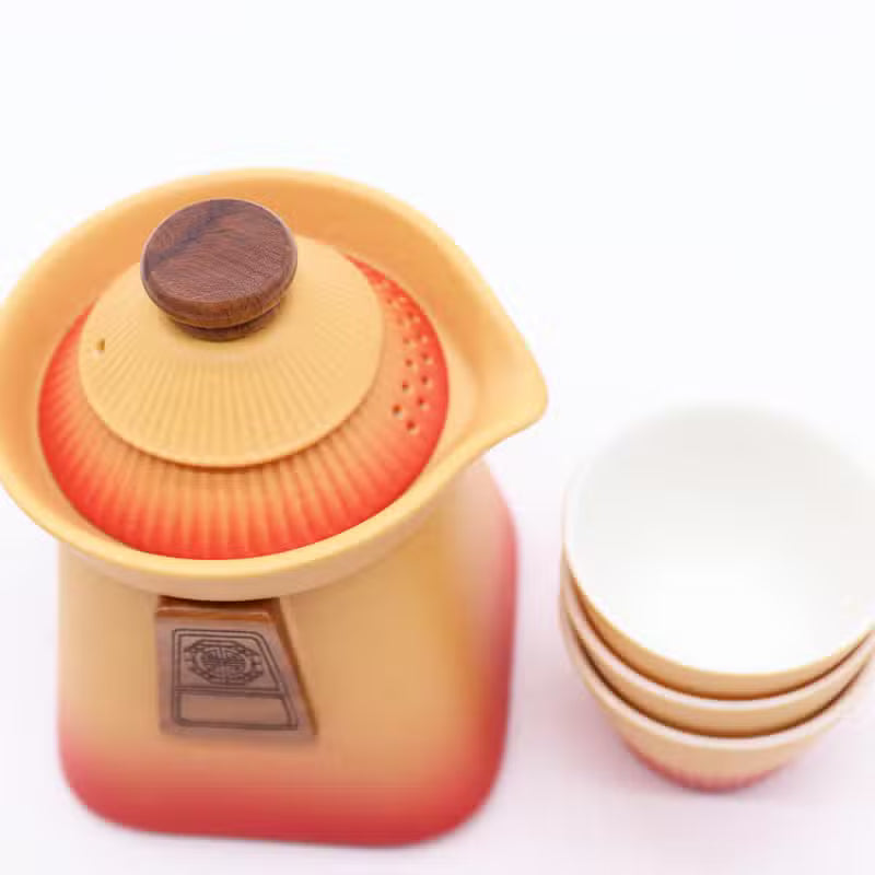Set ceainic cu 3 cescute Orange Earth 10.5x13 cm