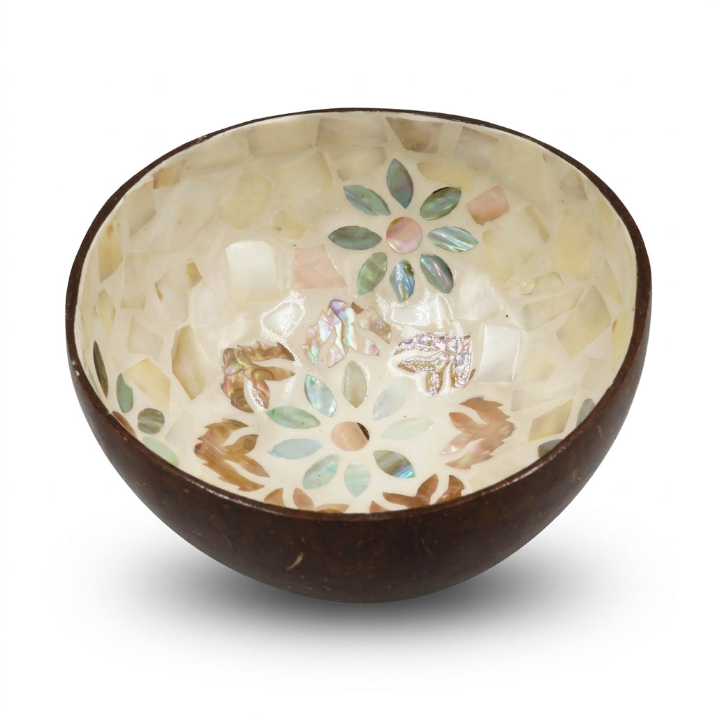 Bol decorativ din nuca de cocos cu mozaic scoici 6x14 cm