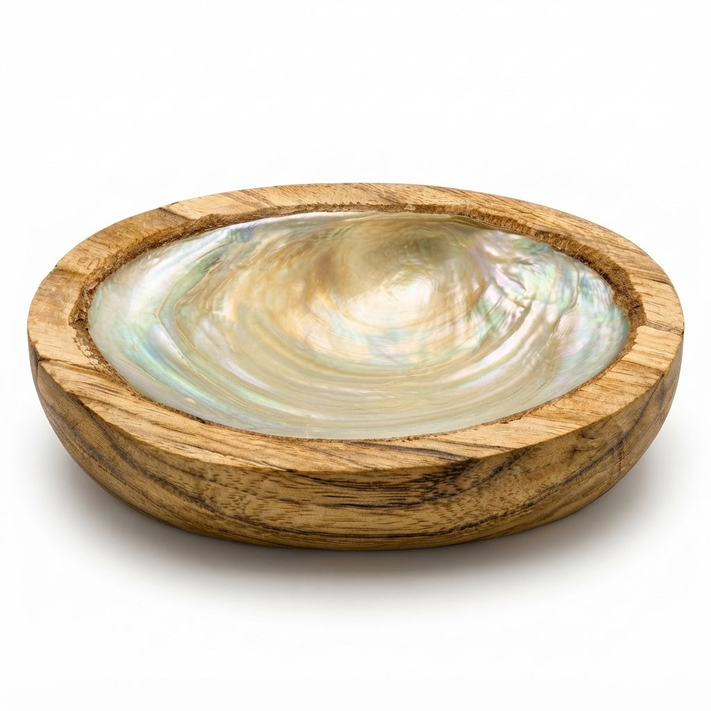 Bol decorativ din lemn de mango cu scoica naturala 14x7 cm