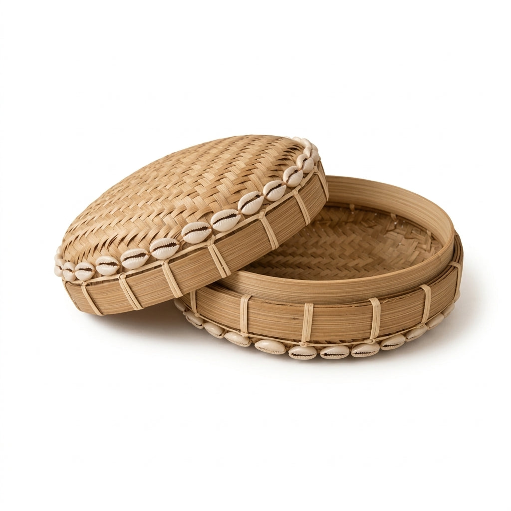Cutie decorativa din ratan cu scoici naturale 10x20 cm