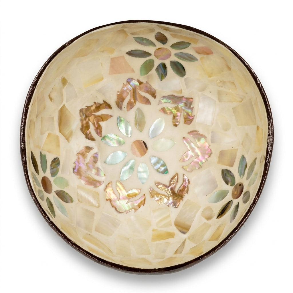 Bol decorativ din nuca de cocos cu mozaic scoici 6x14 cm
