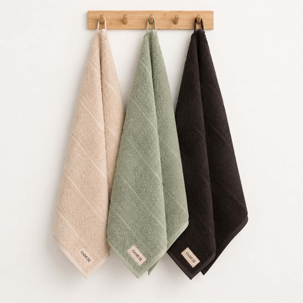 Set 3 prosoape bej-verde-negru din bumbac 100%