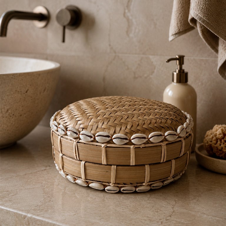 Cutie decorativa din ratan cu scoici naturale 10x20 cm